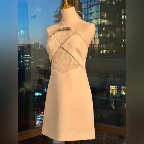 🆕 SELF PORTRAIT 🧿 NWOT White Crepe Halterneck Mini Dress, Sz UK 8 / US 4 - Picture 4 of 16